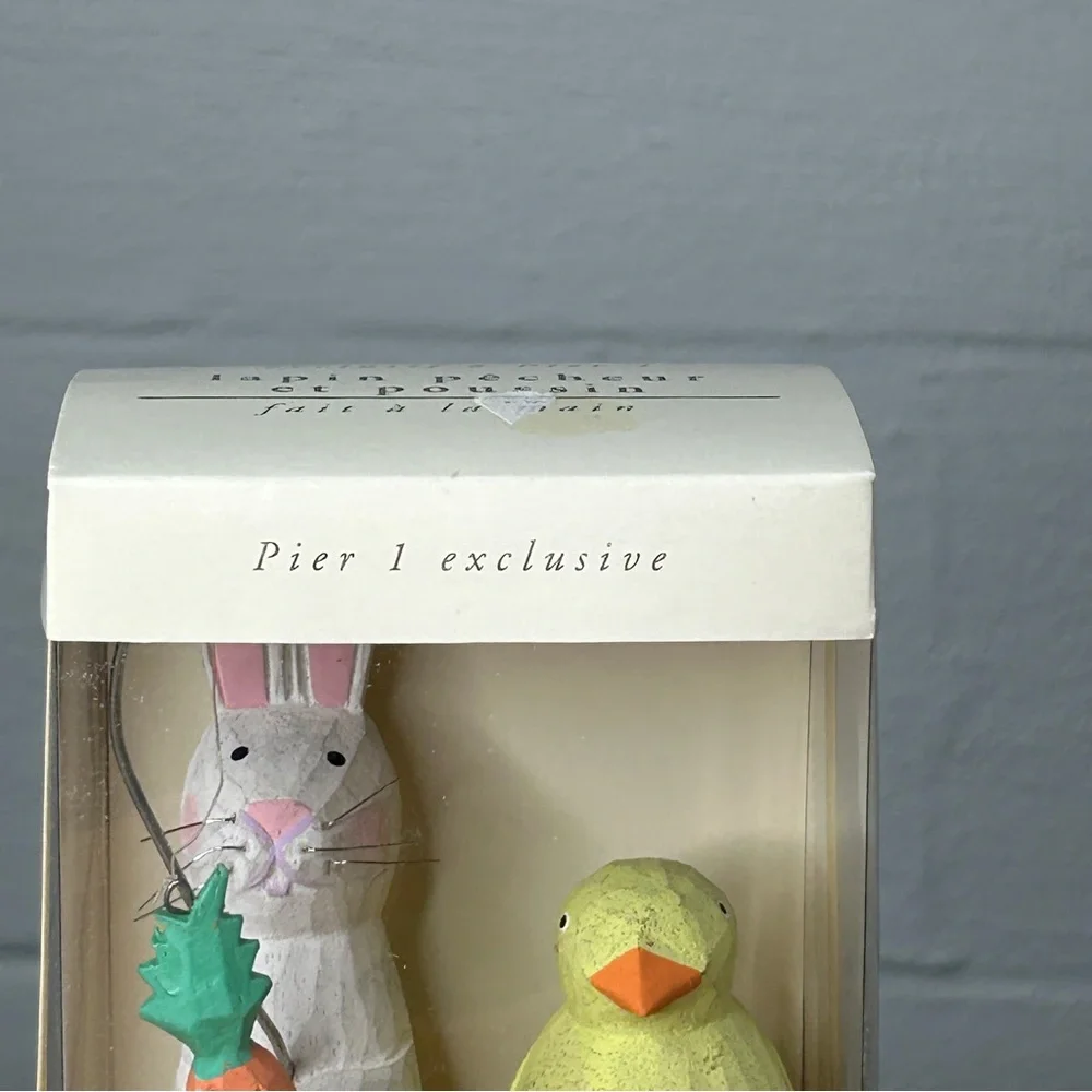 Pier One Fishing White Bunny Carrot & Yellow Chick Easter Spring Figurines